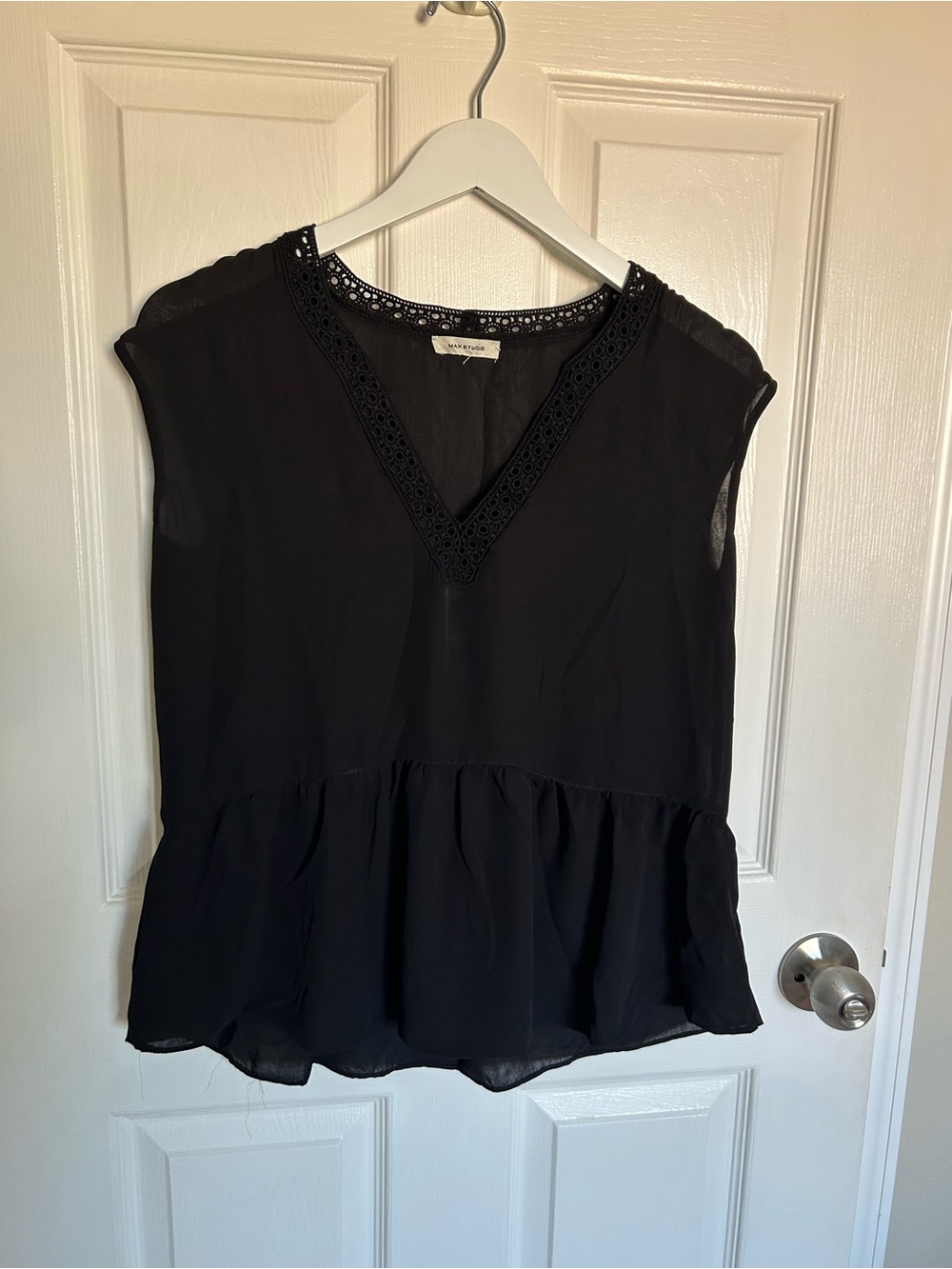 Max Studio Black V-Neck Sleeveless Peplum Blouse with Crochet Trim